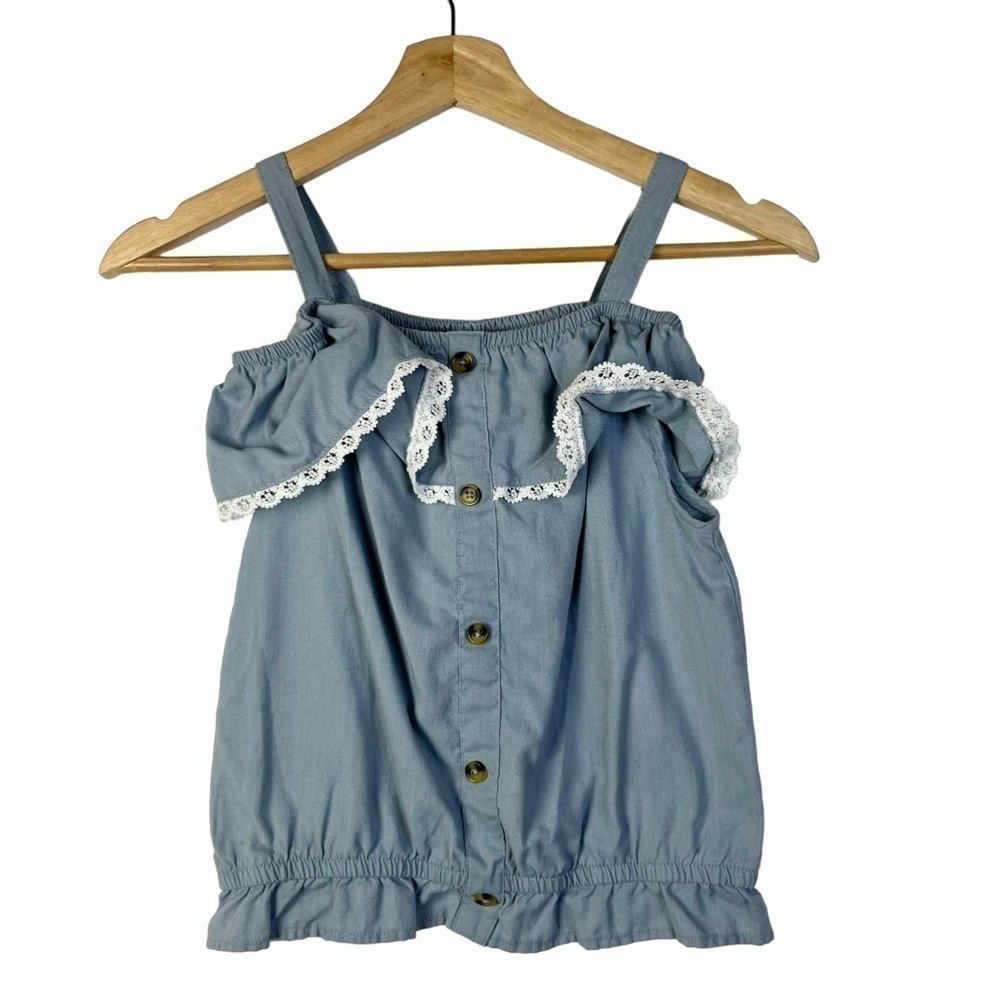 Forever Me Light Blue Denim Lace Ruffle Button Front Short Sleeve‎ L